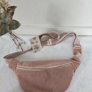 Sac Banane velours côtelé rose intérieur coton fleuri bleu