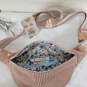 Sac Banane velours côtelé rose intérieur coton fleuri bleu