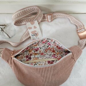 Sac Banane velours côtelé rose intérieur coton fleuri