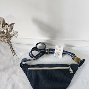 Sac Banane velours côtelé bleu marine intérieur coton fleuri orangé