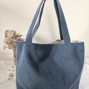 Sac Cabas en velours côtelé bleu jean intérieur coton imprimé bord de mer