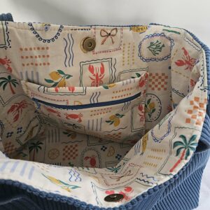 Sac Cabas en velours côtelé bleu jean intérieur coton imprimé bord de mer