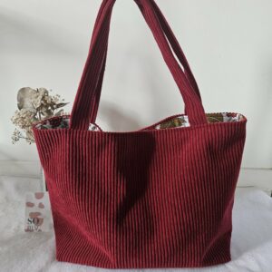 Sac Cabas en velours côtelé bordeaux intérieur coton fleuri