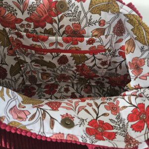 Sac Cabas en velours côtelé bordeaux intérieur coton fleuri