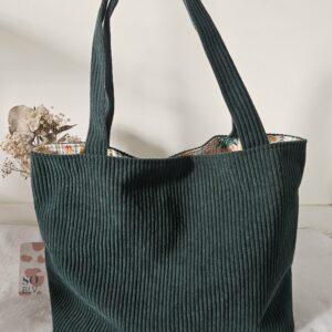 Sac Cabas en velours côtelé vert foncé intérieur coton imprimé estival