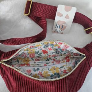 Sac Banane velours côtelé bordeaux intérieur coton fleuri