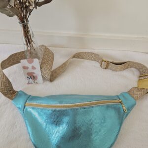 Sac Banane en CUIR de chèvre bleu turquoise métallisé et doublé coton indien