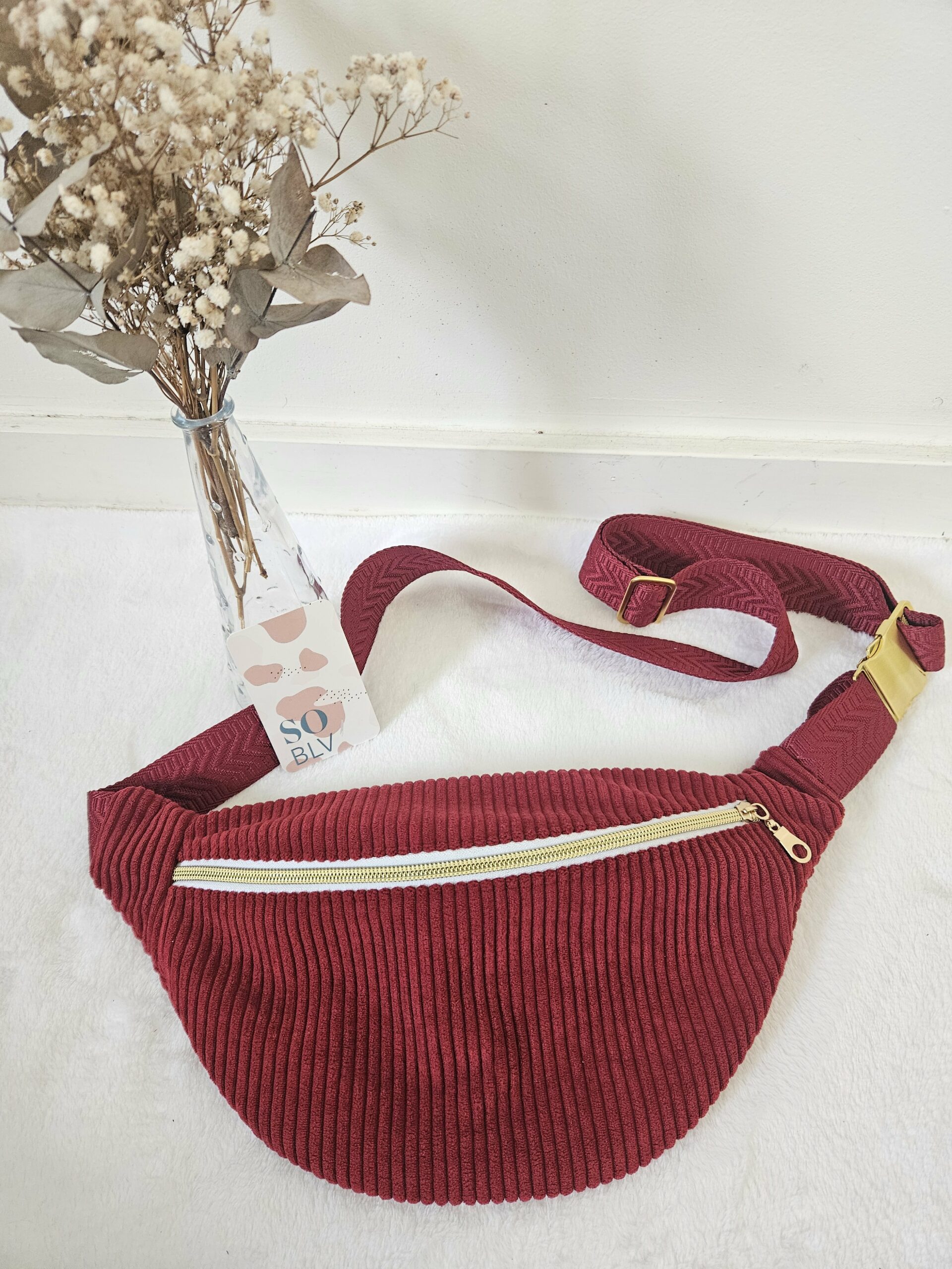 Sac Banane velours côtelé bordeaux intérieur coton imprimé fleuri