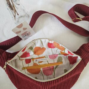Sac Banane velours côtelé bordeaux intérieur coton imprimé fleuri
