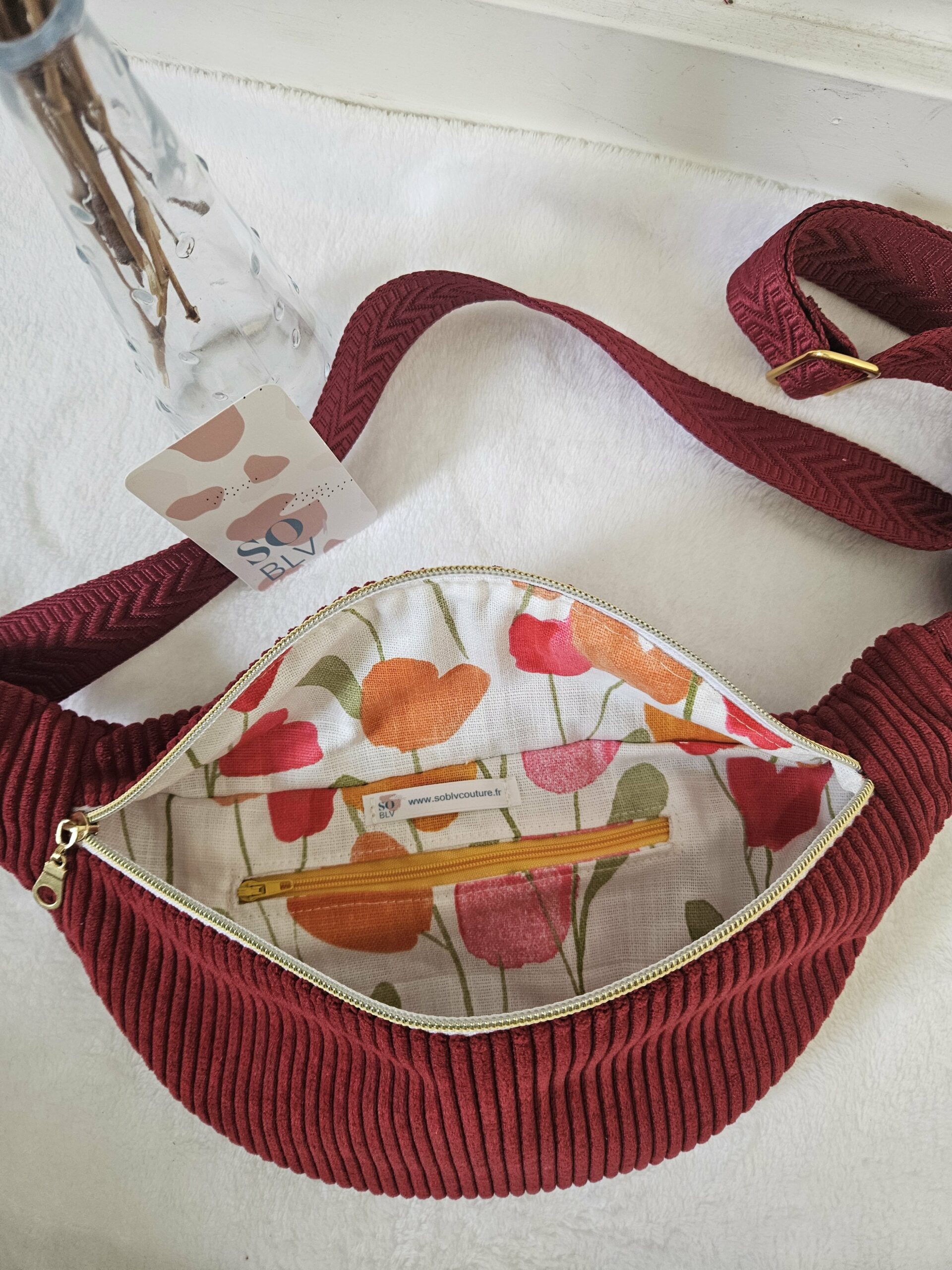 Sac Banane velours côtelé bordeaux intérieur coton imprimé fleuri – Image 2