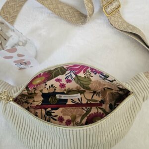 Sac Banane velours côtelé beige intérieur coton imprimé fleuri bleu, rose, vert