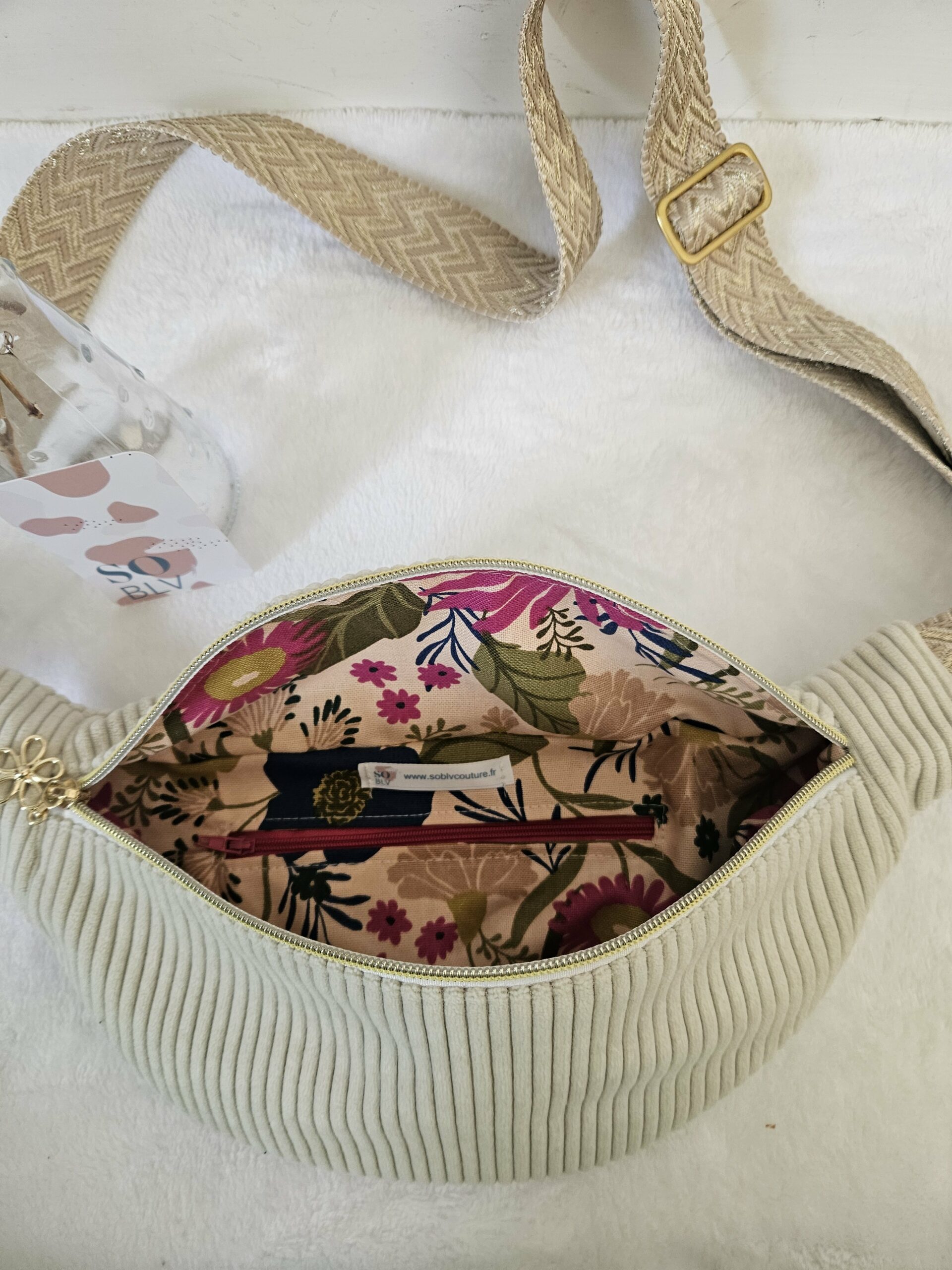 Sac Banane velours côtelé beige intérieur coton imprimé fleuri bleu, rose, vert – Image 2