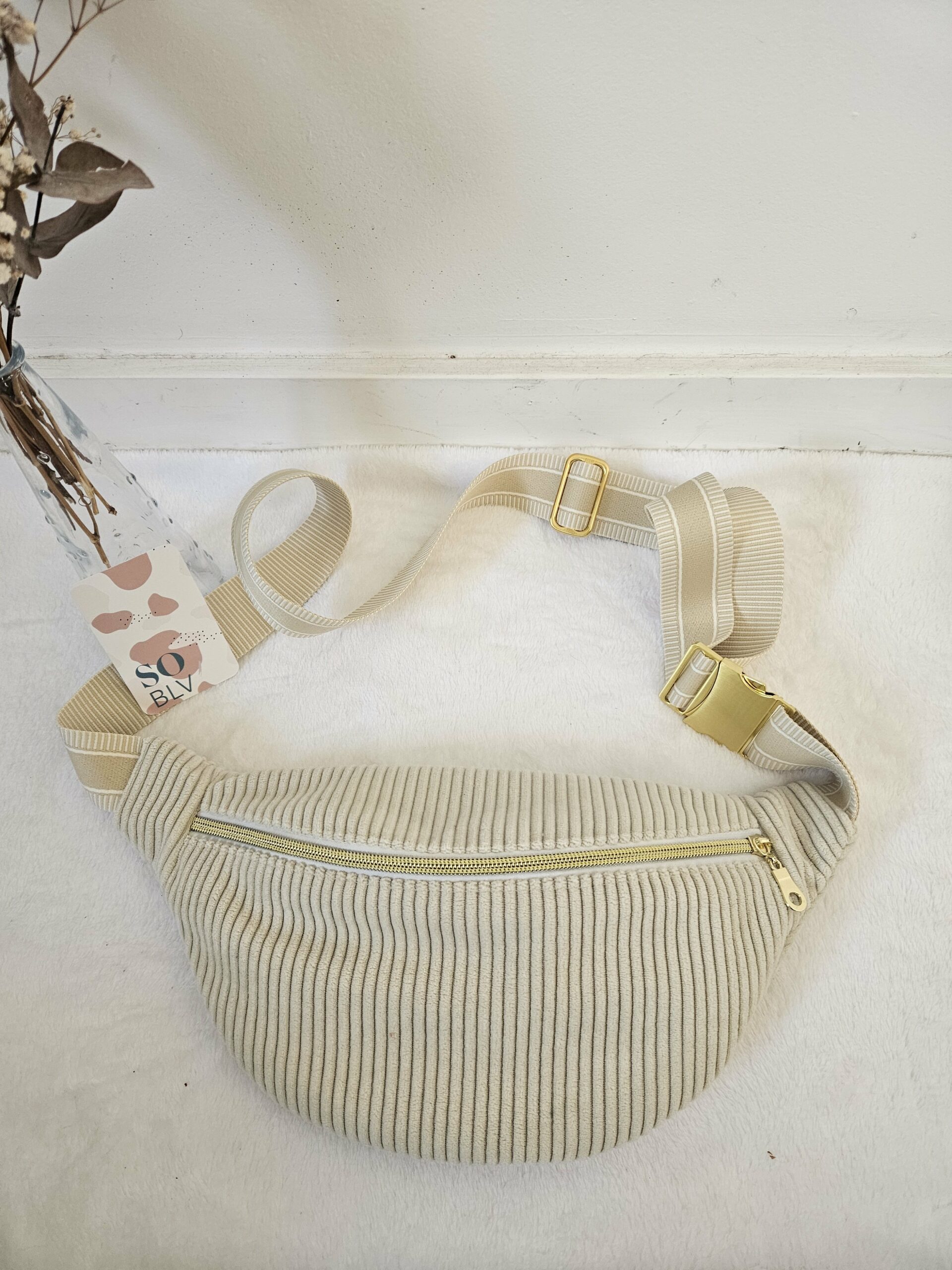 Sac Banane velours côtelé beige intérieur coton imprimé fleuri fond écru