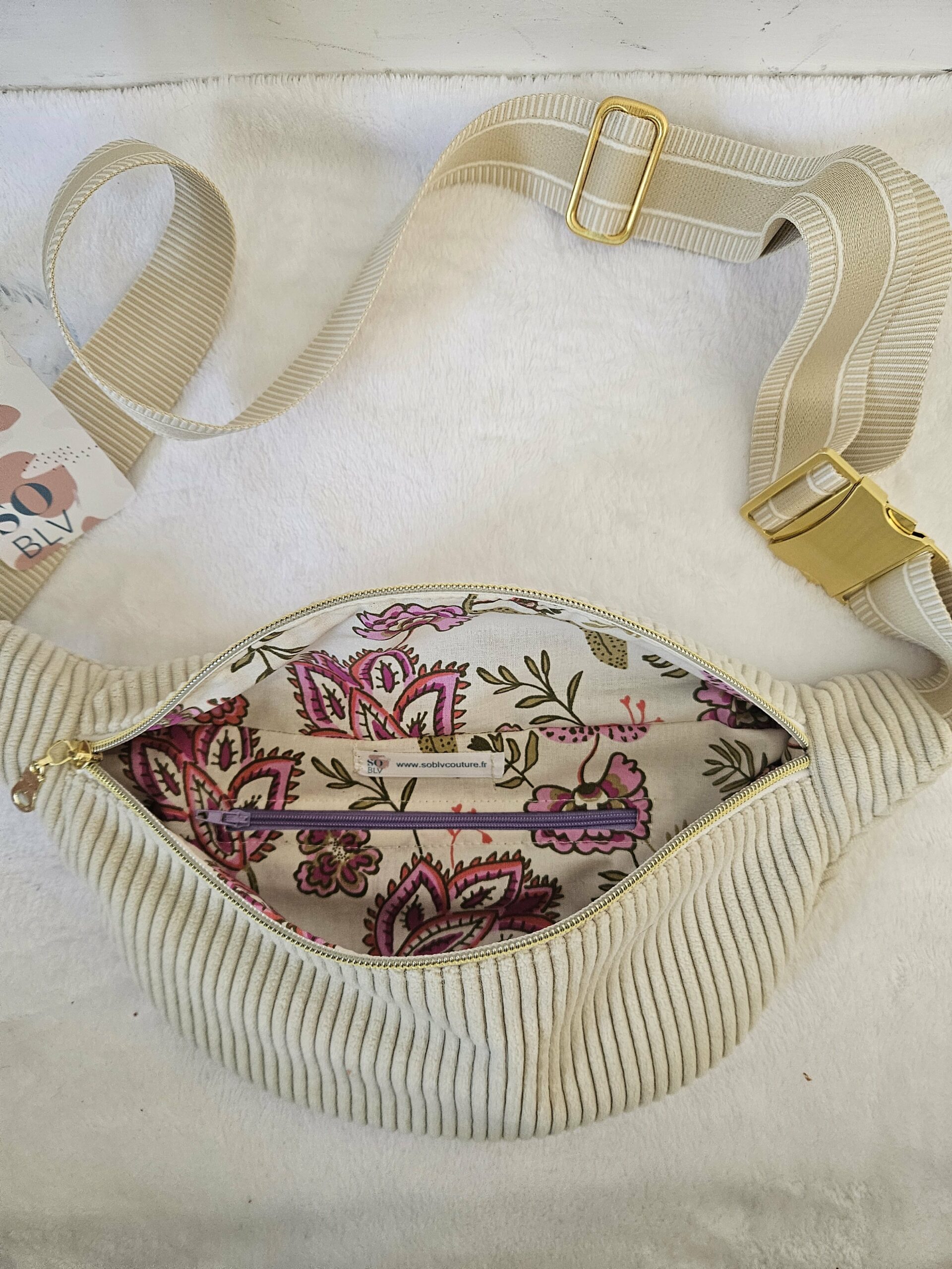 Sac Banane velours côtelé beige intérieur coton imprimé fleuri fond écru – Image 3