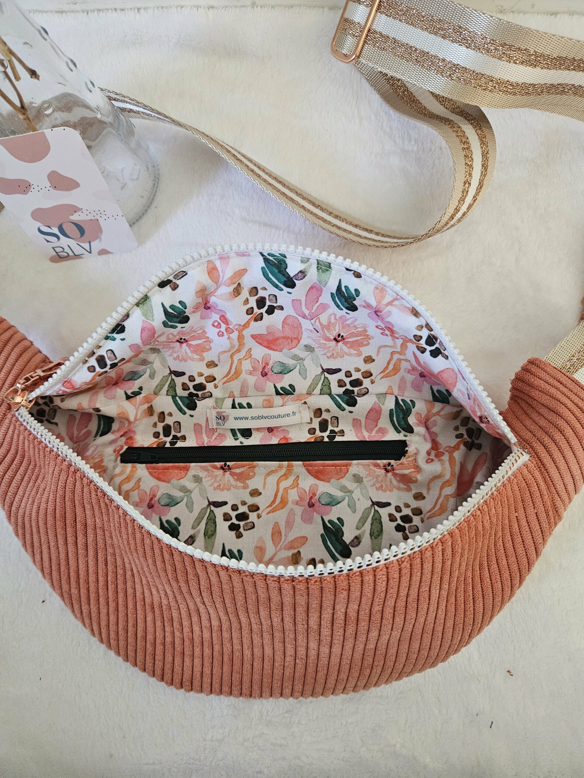 Sac Banane velours côtelé corail intérieur coton imprimé fleuri – Image 3