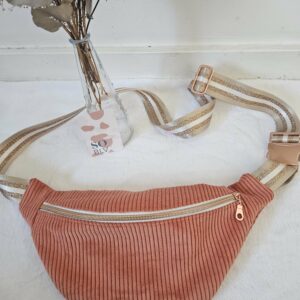 Sac Banane velours côtelé corail intérieur coton imprimé fleuri corail, vert