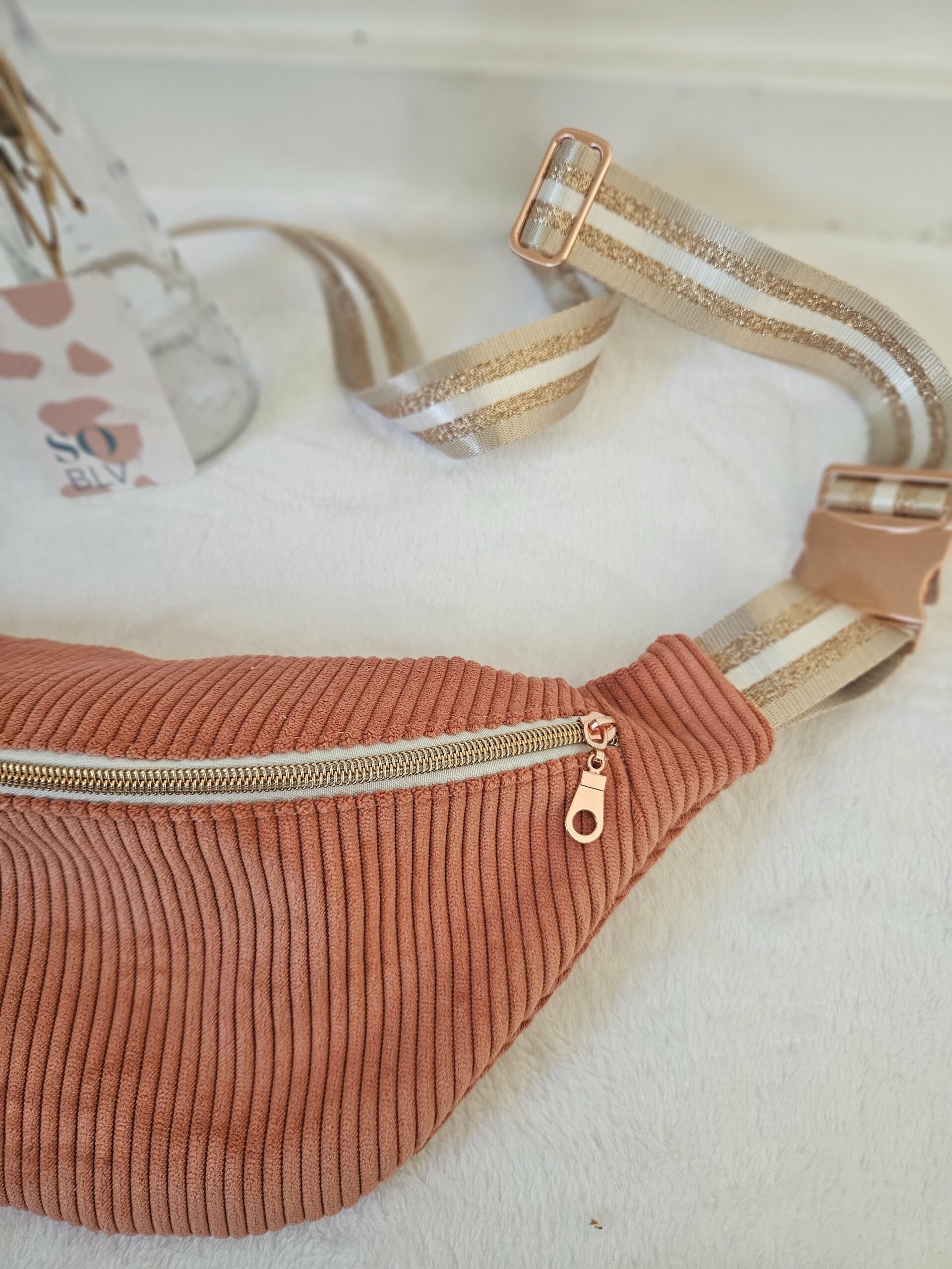 Sac Banane velours côtelé corail intérieur coton imprimé fleuri corail, vert – Image 3