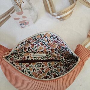 Sac Banane velours côtelé corail intérieur coton imprimé fleuri corail, vert
