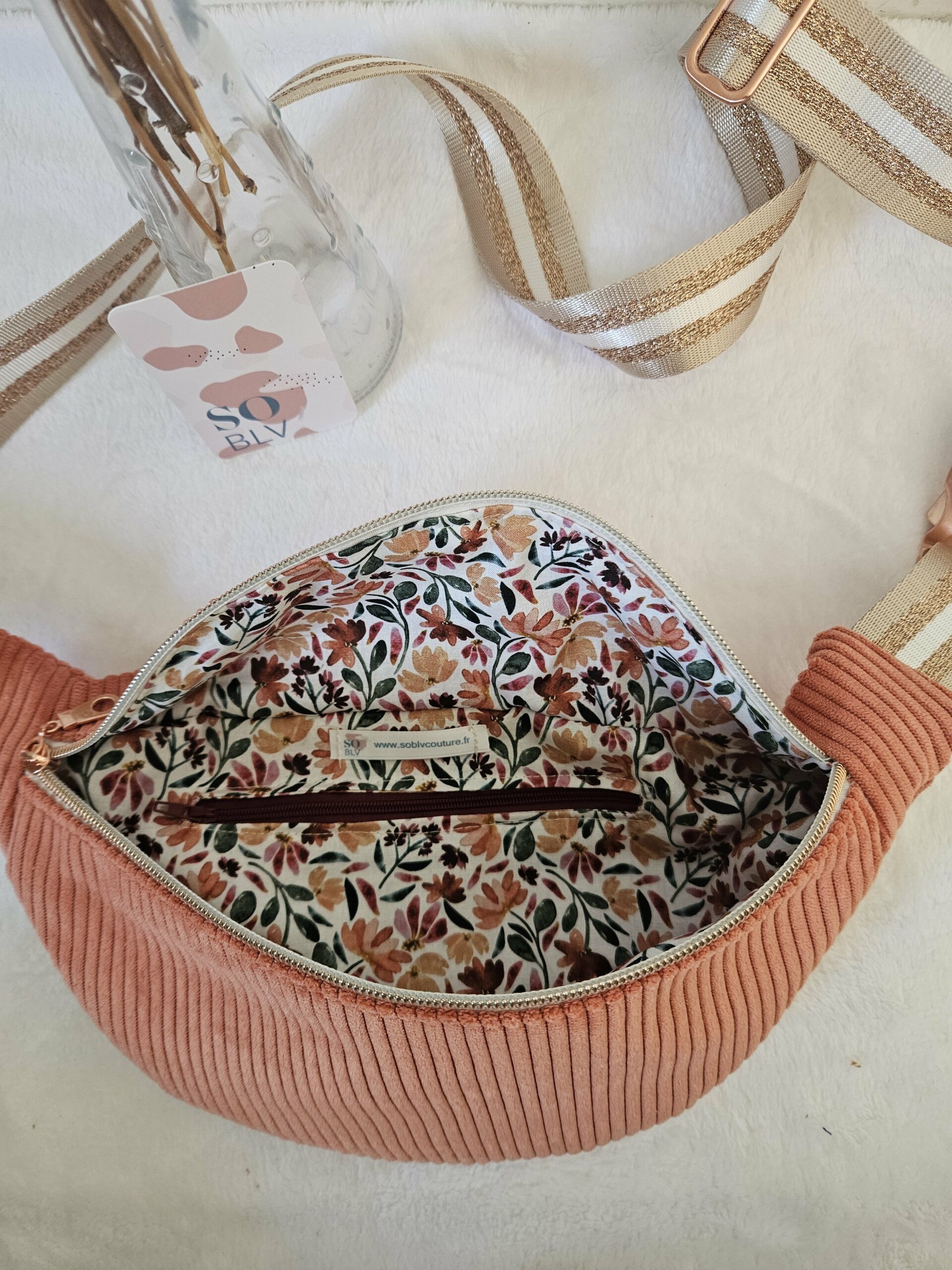 Sac Banane velours côtelé corail intérieur coton imprimé fleuri corail, vert – Image 2