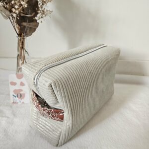 Trousse de toilette velours côtelé beige irisé argenté intérieur coton enduit fleuri