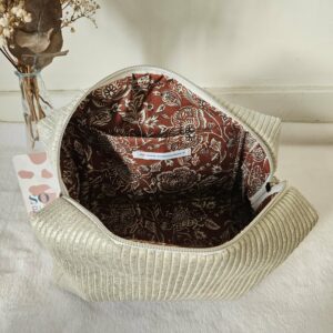 Trousse de toilette velours côtelé beige irisé argenté intérieur coton enduit fleuri