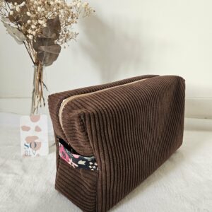 Trousse de toilette velours côtelé marron intérieur coton enduit fleuri
