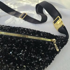 Sac Banane à sequins noirs intérieur coton indien beige et noir
