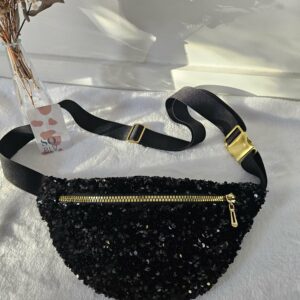 Sac Banane à sequins noirs intérieur coton indien beige et noir