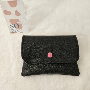 Porte-monnaie simili-cuir noir texturé (petit format) / intérieur coton fleuri