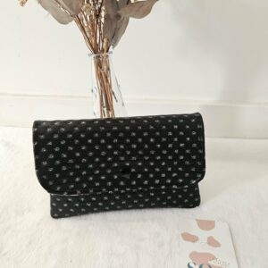 Porte-monnaie simili-cuir noir points argentés (grand format) / intérieur coton fleuri