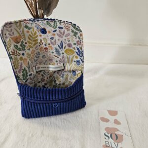 Porte-monnaie velours côtelé bleu roi (petit format) / intérieur coton fleuri