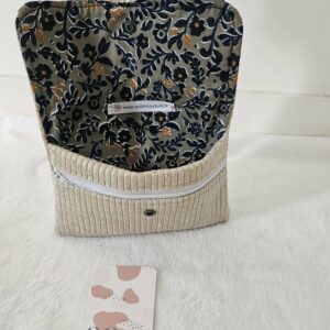 Porte-monnaie velours côtelé beige doré (grand format) / intérieur coton fleuri