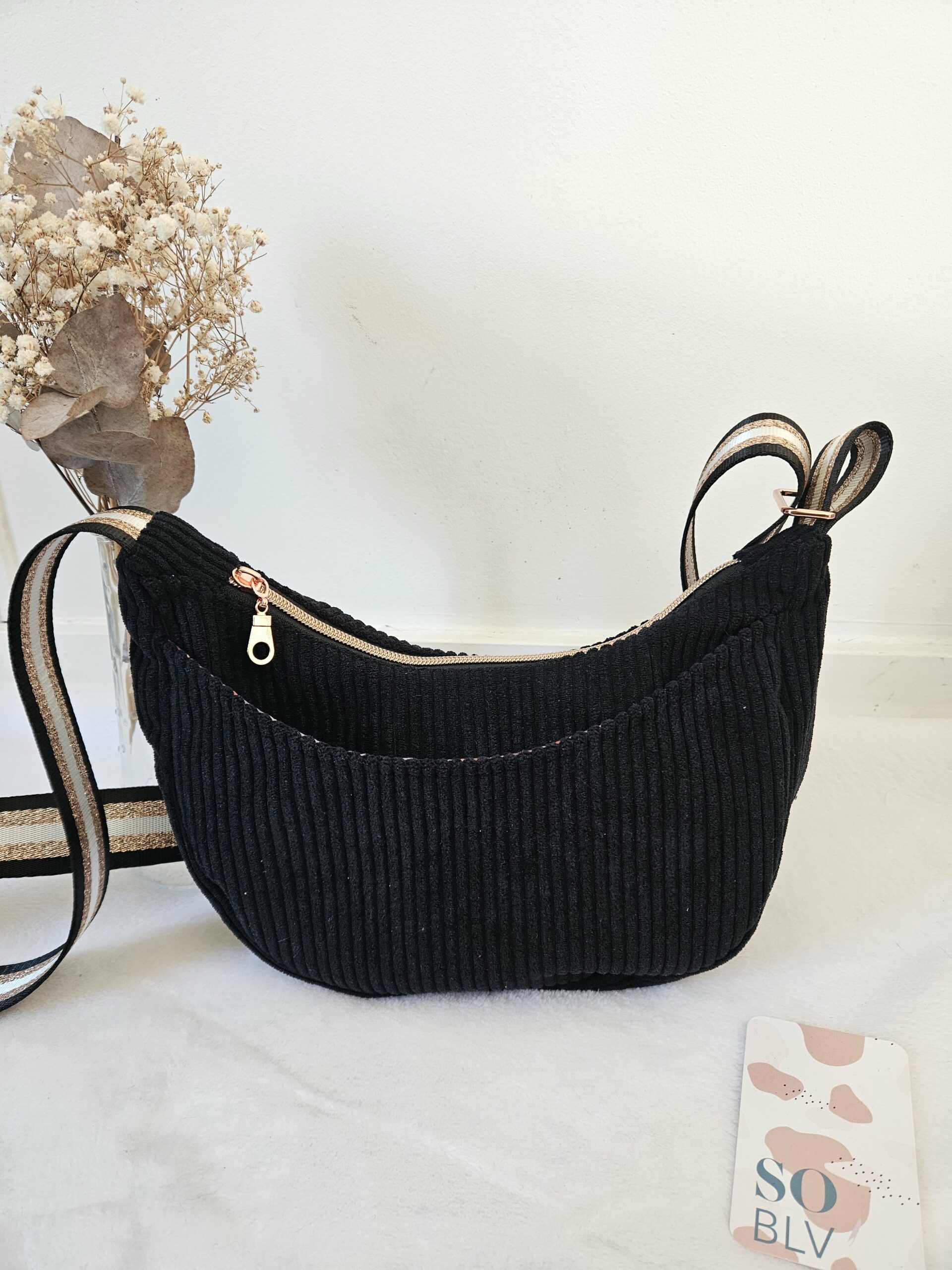 Sac Diane en velours côtelé noir intérieur coton wax