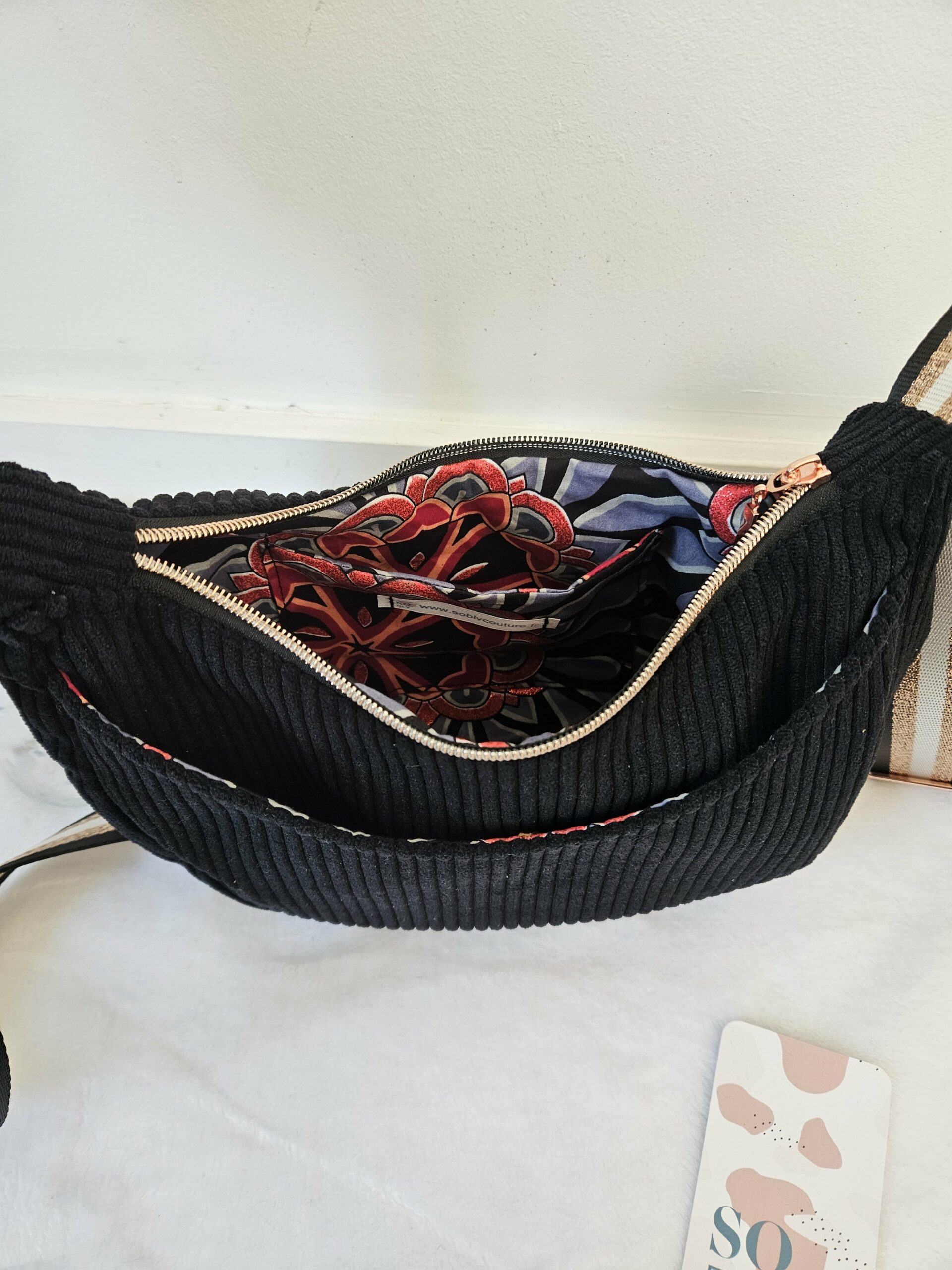 Sac Diane en velours côtelé noir intérieur coton wax – Image 3
