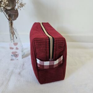 Trousse de toilette velours côtelé bordeaux intérieur coton enduit carreaux