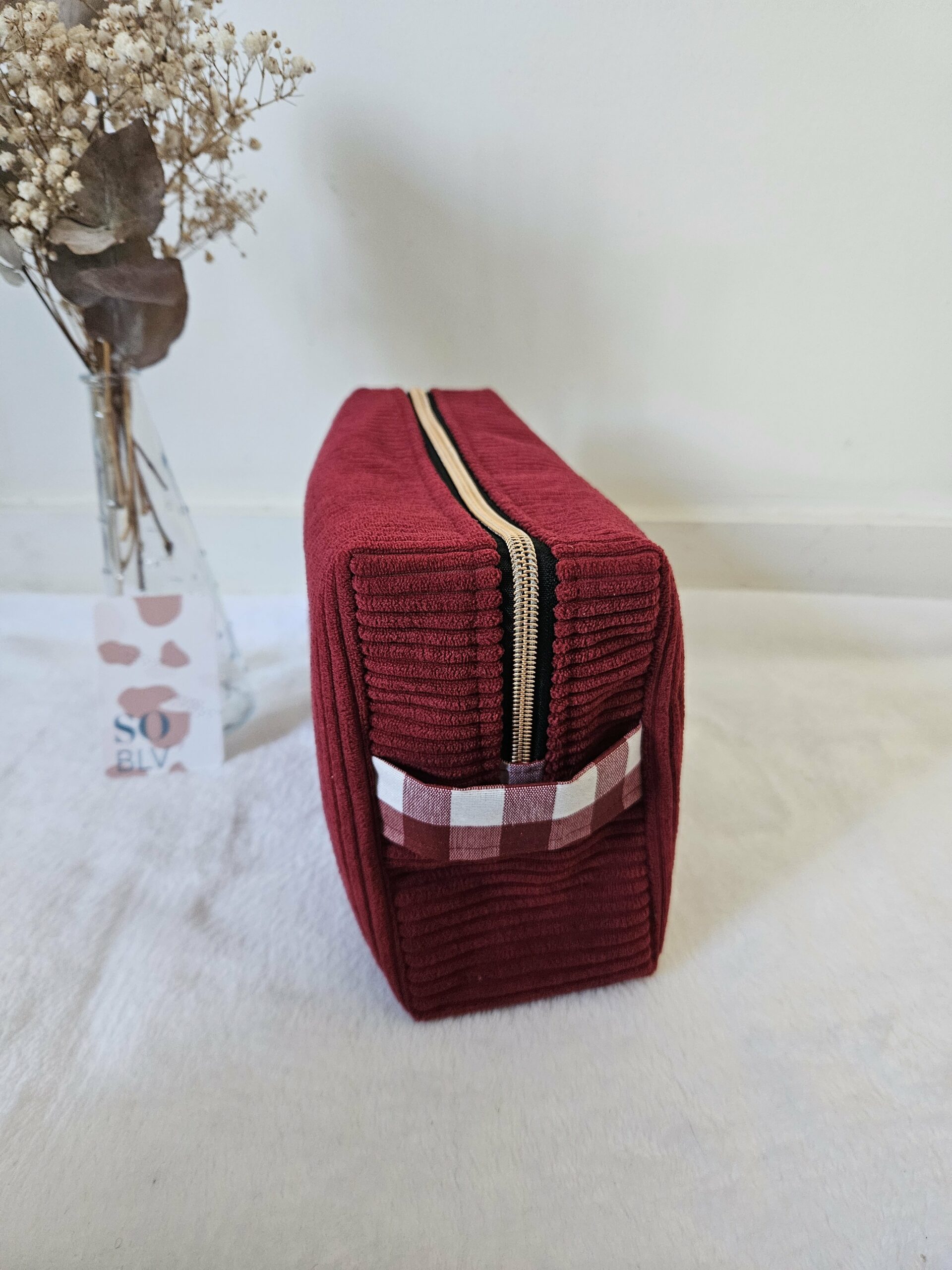 Trousse de toilette velours côtelé bordeaux intérieur coton enduit carreaux