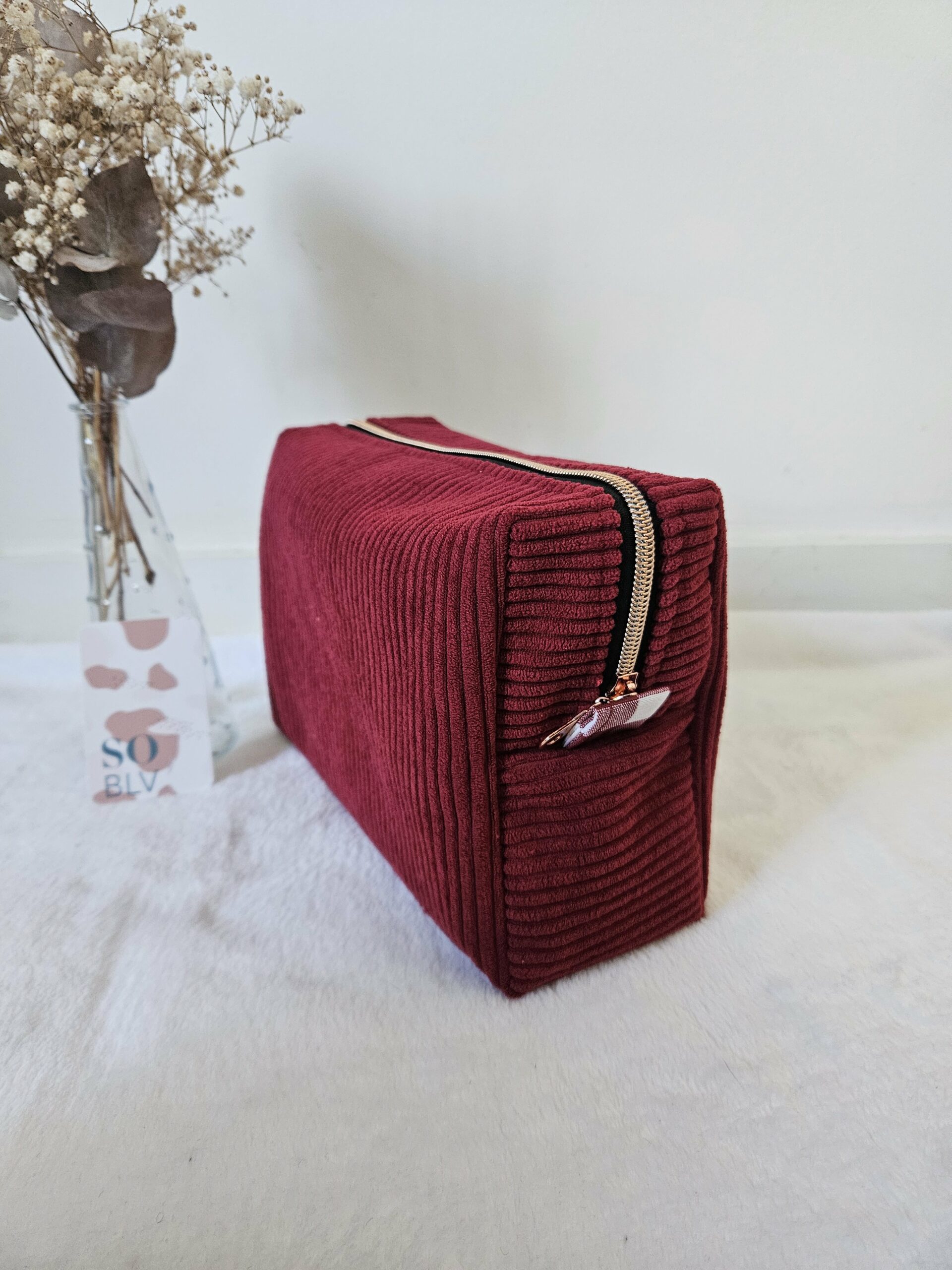 Trousse de toilette velours côtelé bordeaux intérieur coton enduit carreaux – Image 2
