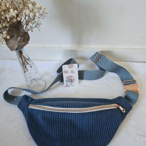 Sac Banane velours côtelé bleu jean intérieur coton imprimé fleuri