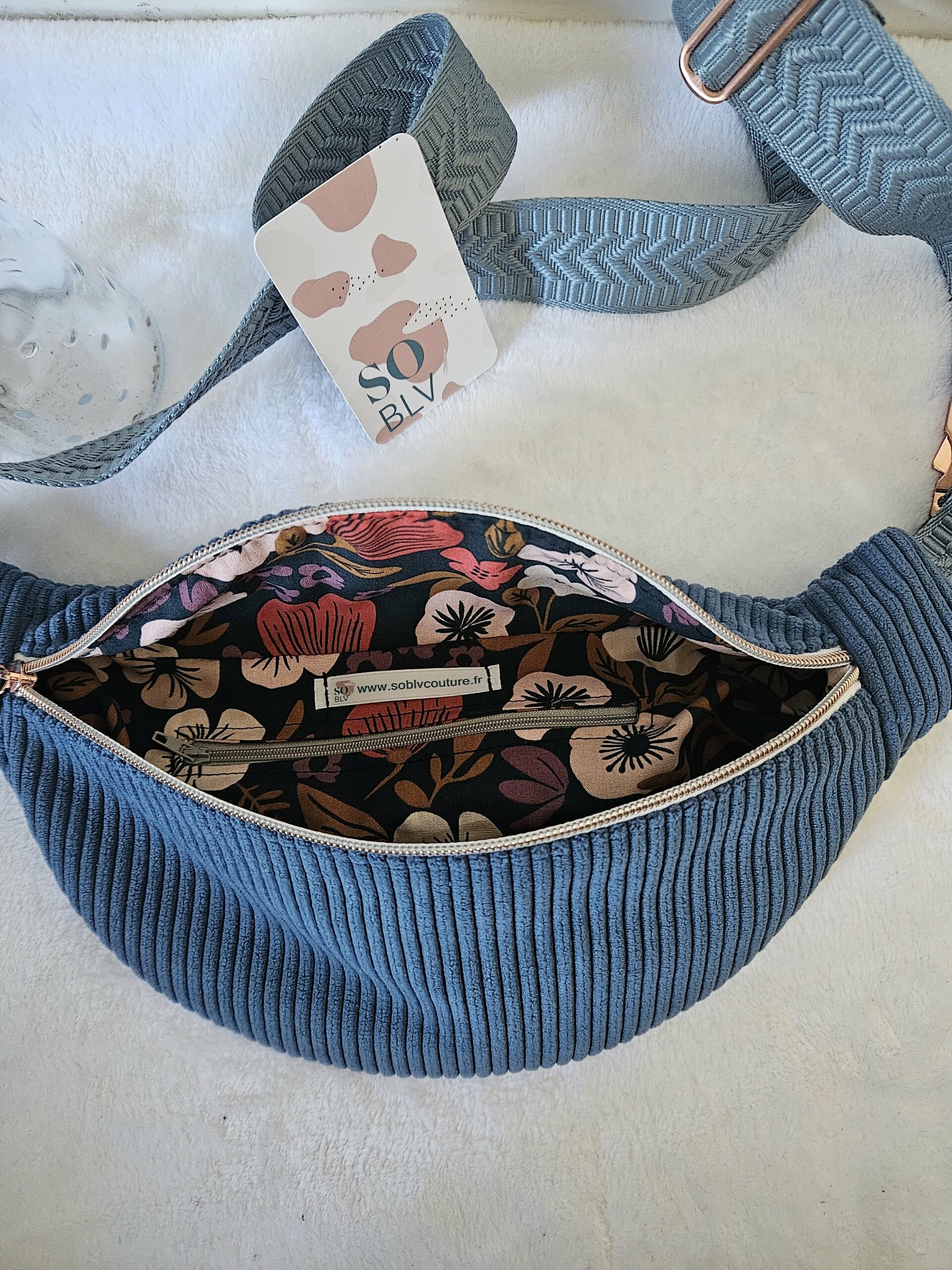 Sac Banane velours côtelé bleu jean intérieur coton imprimé fleuri – Image 3