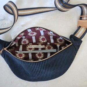 Sac Banane velours côtelé marine intérieur coton imprimé fleuri