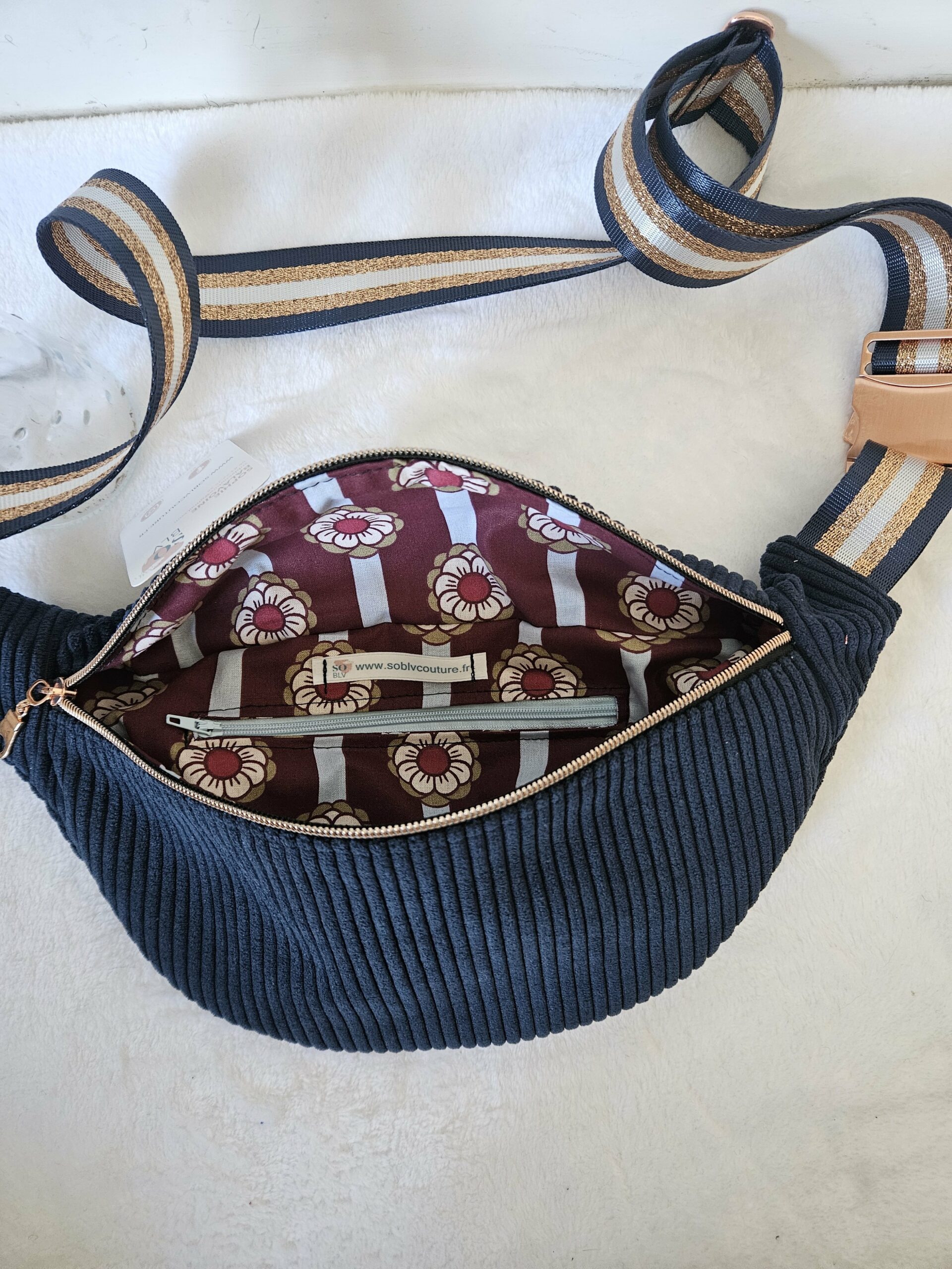 Sac Banane velours côtelé marine intérieur coton imprimé fleuri – Image 2